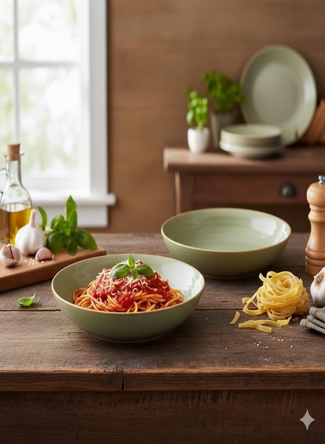 Beyond Homes Handcrafted Ceramic Pasta Bowl Set, 21 cm | Microwave & Dishwasher Safe Pasta Plates Glossy Finish | Deep Plate | Ceramic Serving Pasta Bowl, 650 ml Each (Pistachio- Set of 2) - Image 1