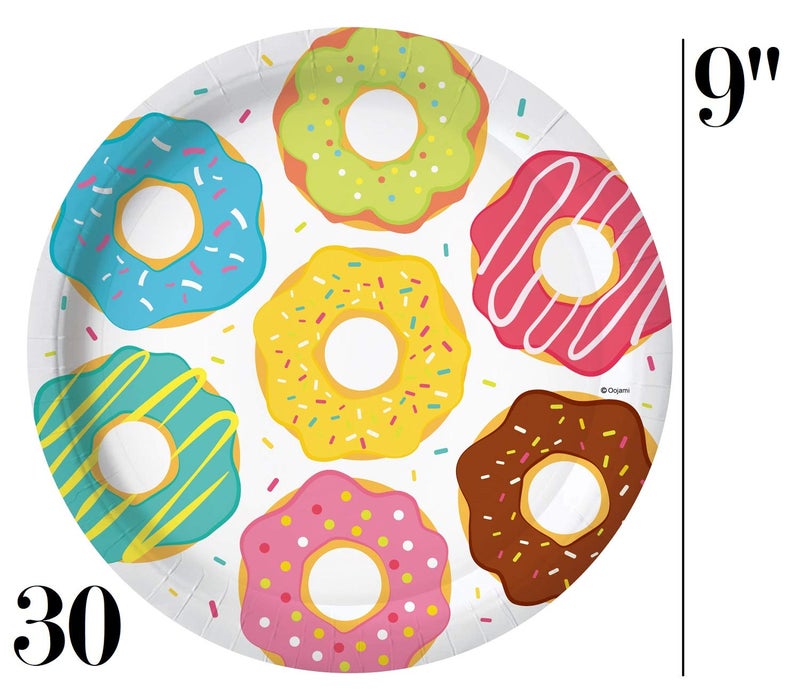 Oojami Serves 30 Complete Party Pack Donut Party 9" Dinner Paper Plates 7" Dessert Paper Plates 9 oz Cups 3 Ply Napkins Cake Topper Table cover Donut Grow Up Balloon Donut Theme Party - Image 3