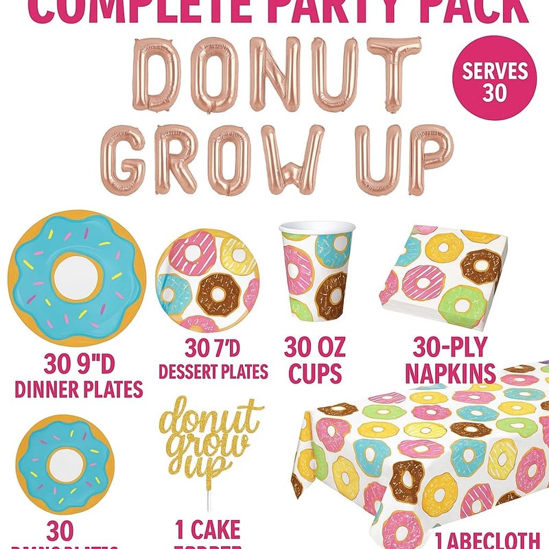 Oojami Serves 30 Complete Party Pack Donut Party 9" Dinner Paper Plates 7" Dessert Paper Plates 9 oz Cups 3 Ply Napkins Cake Topper Table cover Donut Grow Up Balloon Donut Theme Party - Image 2