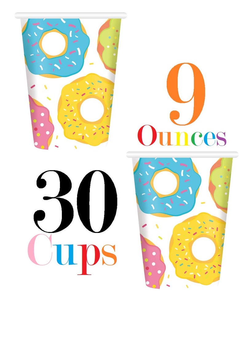 Oojami Serves 30 Complete Party Pack Donut Party 9" Dinner Paper Plates 7" Dessert Paper Plates 9 oz Cups 3 Ply Napkins Cake Topper Table cover Donut Grow Up Balloon Donut Theme Party - Image 5
