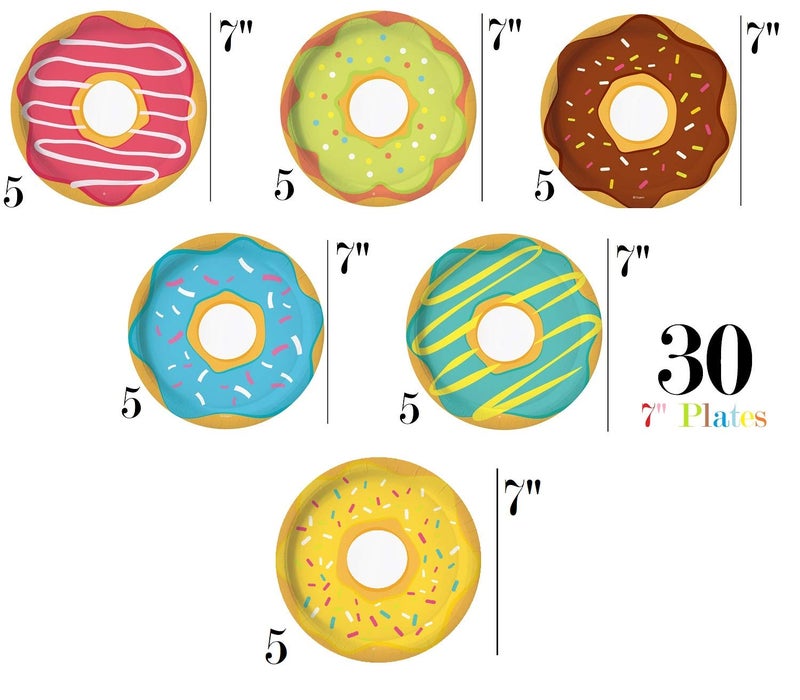Oojami Serves 30 Complete Party Pack Donut Party 9" Dinner Paper Plates 7" Dessert Paper Plates 9 oz Cups 3 Ply Napkins Cake Topper Table cover Donut Grow Up Balloon Donut Theme Party - Image 4