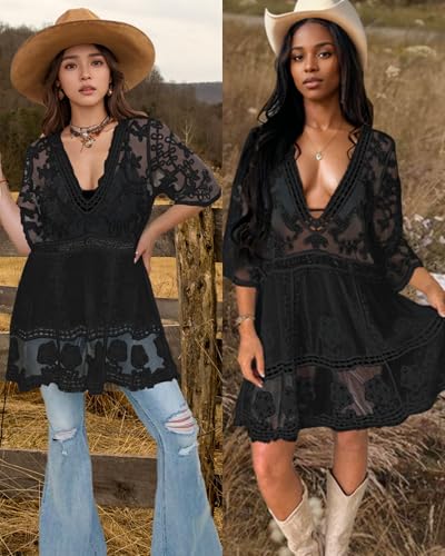 Bsubseach Women Lace Swimsuit Cover Up Bathing Suit Coverups V-Neck Swimwear Beach Vacation Dress Black - Image 5