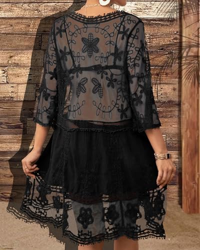 Bsubseach Women Lace Swimsuit Cover Up Bathing Suit Coverups V-Neck Swimwear Beach Vacation Dress Black - Image 4