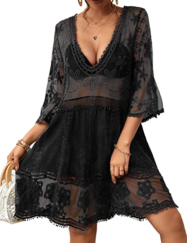 Bsubseach Women Lace Swimsuit Cover Up Bathing Suit Coverups V-Neck Swimwear Beach Vacation Dress Black - Image 1