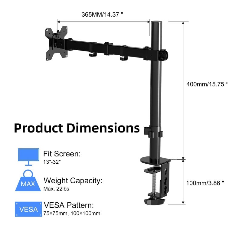 Pholiten Single Monitor Arm for 13 to 32 Inch LED LCD Screen, Adjustable Single Monitor Stand, Supports Screens up to 10 kg, Max.VESA 100 x 100 mm - Image 2