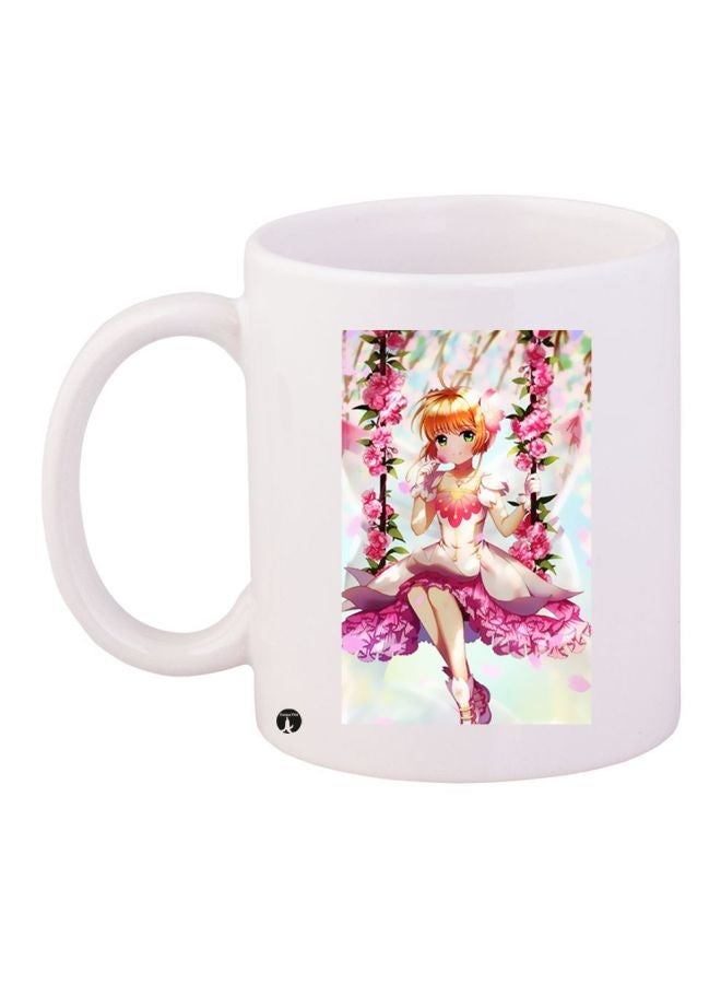 RYN Anime Printed Ceramic Coffee Mug White/Pink/Beige 11ounce