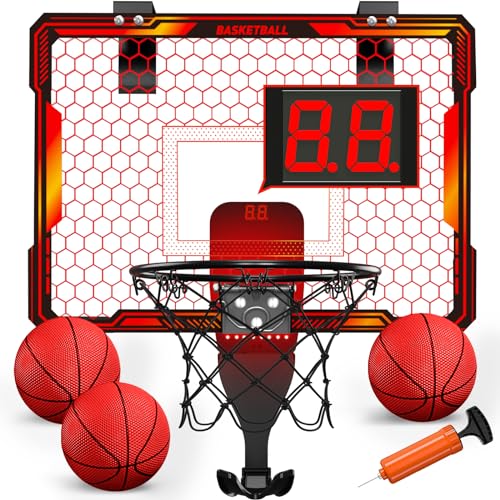 HYES Mini Basketball Hoop Indoor with 7 LED Lighting Scoreboard 3 Modes Volume Adjustable Over Door Basketball Hoop Foldable Basketball Toys for Kids Adults Gifts Red - Image 1