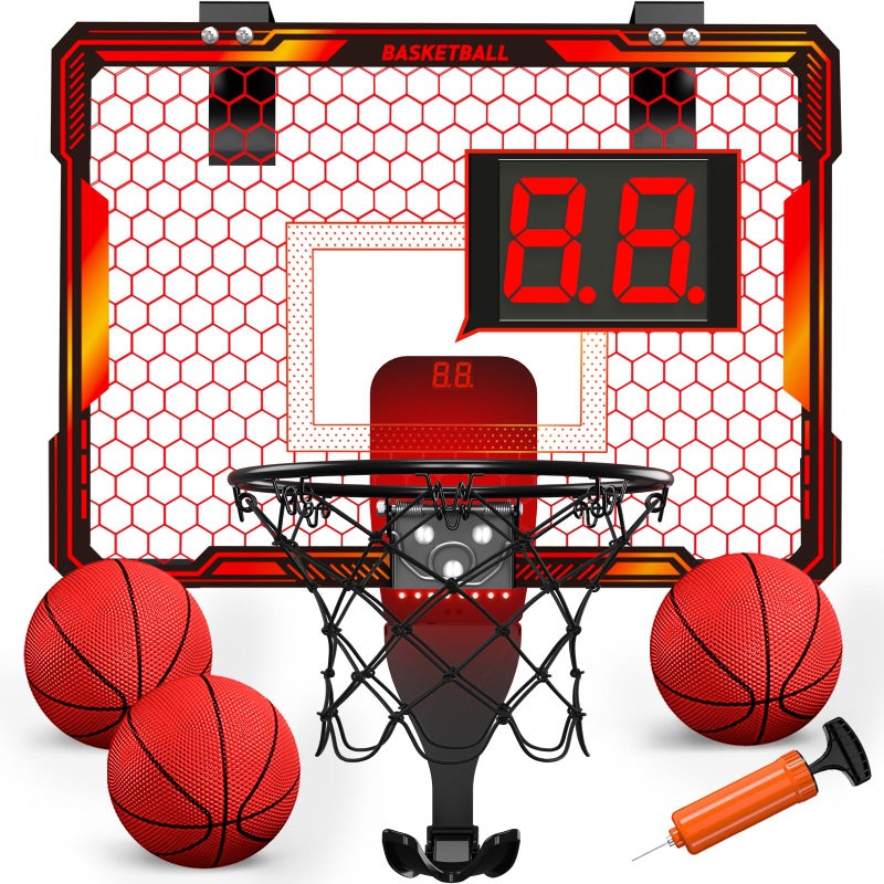 HYES Mini Basketball Hoop Indoor with 7 LED Lighting Scoreboard 3 Modes Volume Adjustable Over Door Basketball Hoop Foldable Basketball Toys for Kids Adults Gifts Red - Image 3