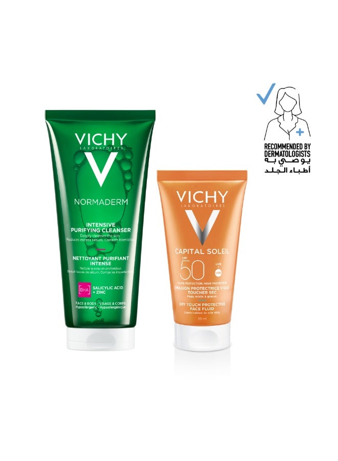 VICHY منظف نورماديرم المكثف المنقي 200 مل + واقي شمس كابيتال سوليل لمسة جافة مضادة لللمعان للبشرة المختلطة إلى الدهنية SPF50 50 مل - Image 1