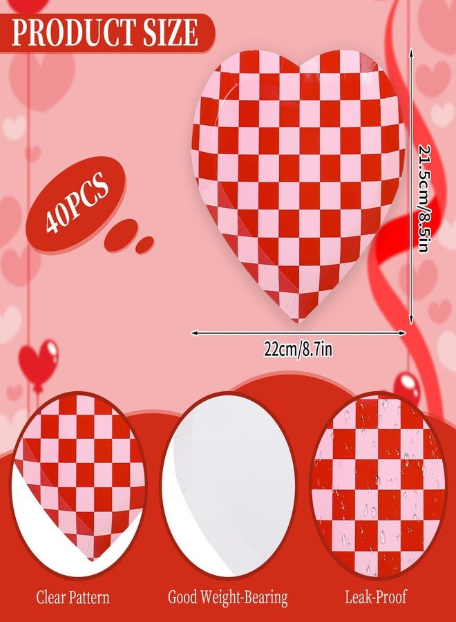 Whaline صحون ورقية من واهلين 40 قطعة ليوم عيد الحب شكل قلب مزخرف باللونين الأحمر والوردي صحون قابلة للتصرف لمستلزمات حفلات الزفاف وذكرى الزواج - Image 2