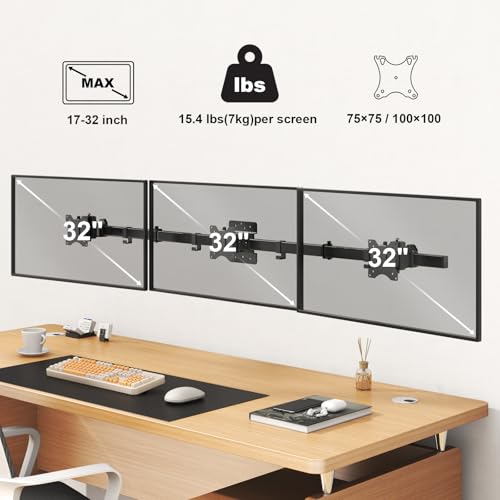 Putilsen Mount Triple Monitor Wall-Mount for 17"-32" Screens - Adjustable Heavy Duty Three Wall Monitor Mount with Cable Management, Space-saving,Tilt, Swivel, Rotation, VESA 75/100 mm, Max 15.4lbs per Screen, Black - Image 2