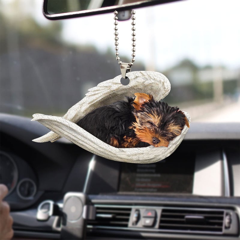 Talataca Yorkshire Terrier Yorkie Sleeping Angel Wing Pet Dog Farmhouse 2D Flat Car Rear View Mirror Accessories Christmas Tree Ornament Decoration Hanging Charm Interior Rearview Pendant Decor Gift