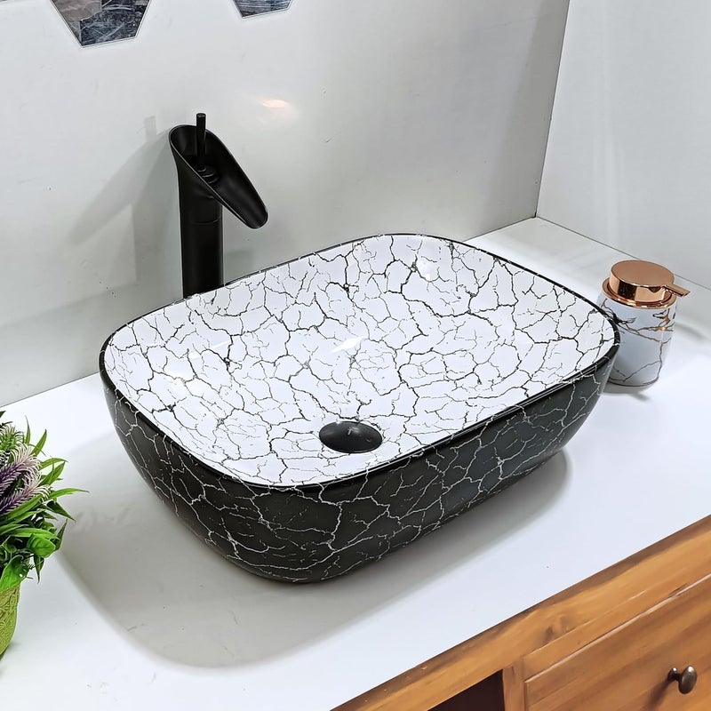 Reyal Premium Ceramic Wash Basin for bathroom Tabletop Wash basin 13 x 18 x 55 Counter Top Washbasin Bathroom Basin Vessel Sink white black strap - Image 1