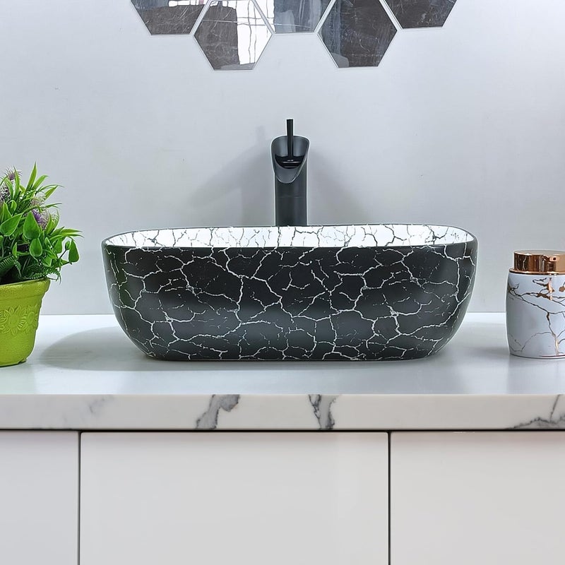 Reyal Premium Ceramic Wash Basin for bathroom Tabletop Wash basin 13 x 18 x 55 Counter Top Washbasin Bathroom Basin Vessel Sink white black strap - Image 2