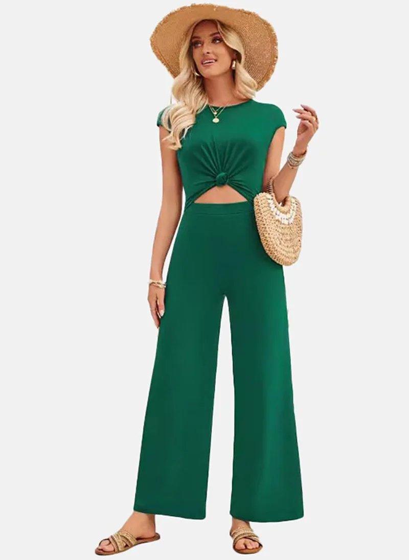 YUNIQEE Green Solid Relaxed Fit Square Neck Jumpsuit