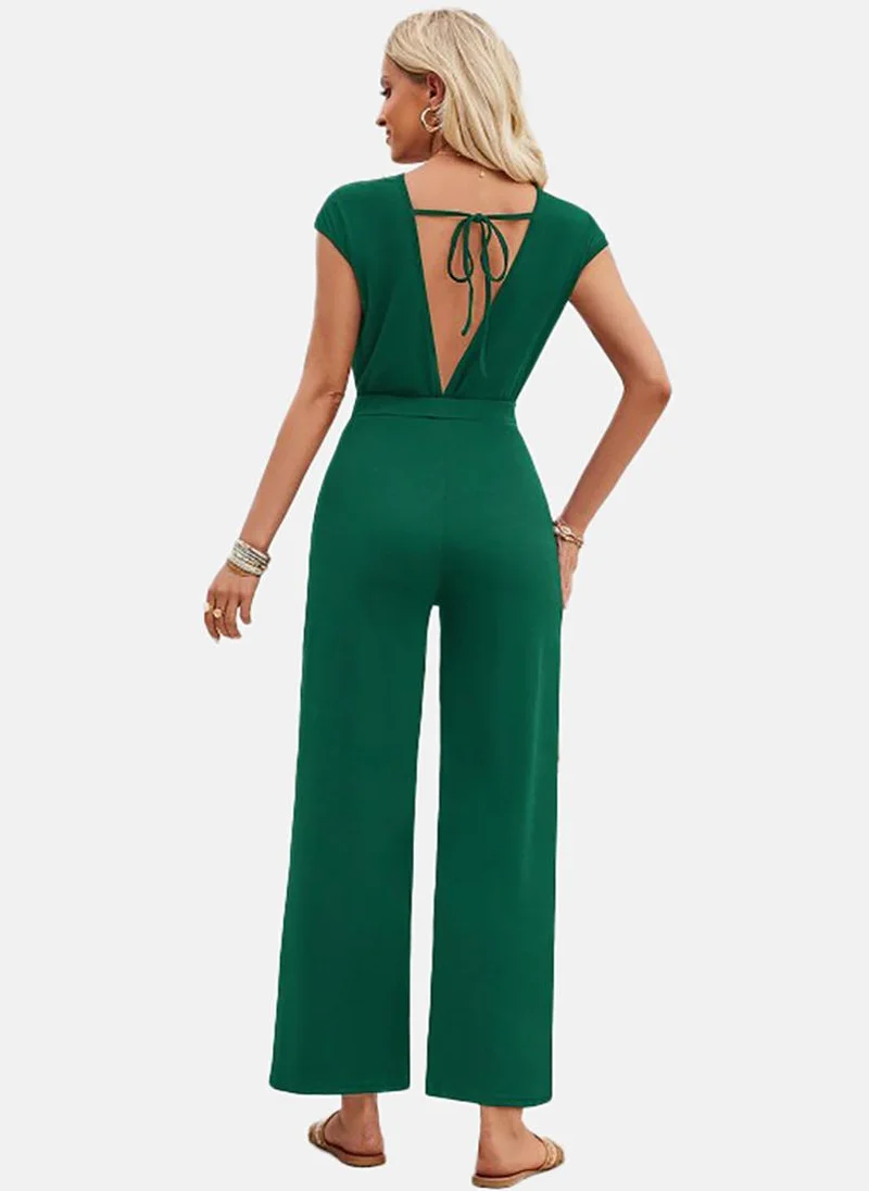 YUNIQEE Green Solid Relaxed Fit Square Neck Jumpsuit