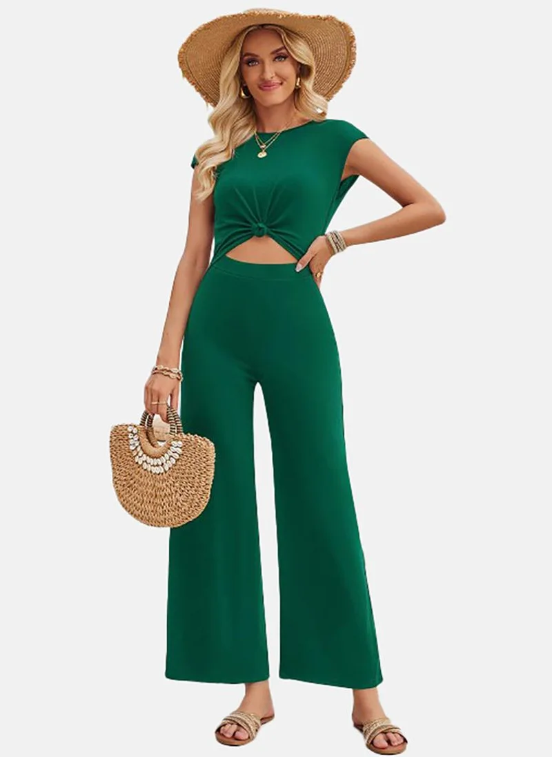 YUNIQEE Green Solid Relaxed Fit Square Neck Jumpsuit