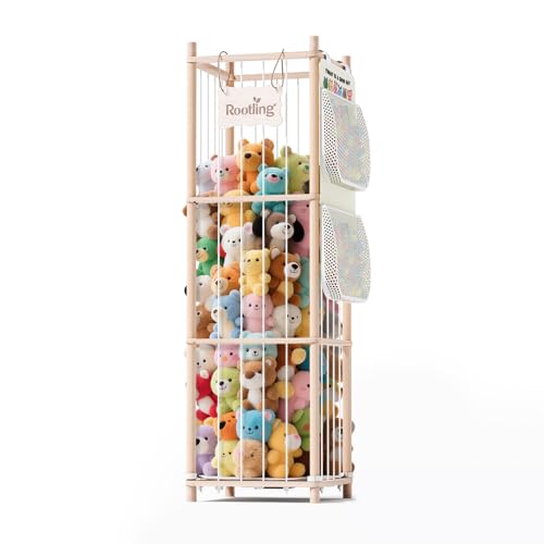 Rootling Stuffed Animal Storage Organizer 54 inch Tall Wooden Cute Zoo Toy Holder wBuilding Block Storage Bag Premium Wooden Material with Elastic Cord For Toddler Rooms Playrooms Bedrooms - Image 1