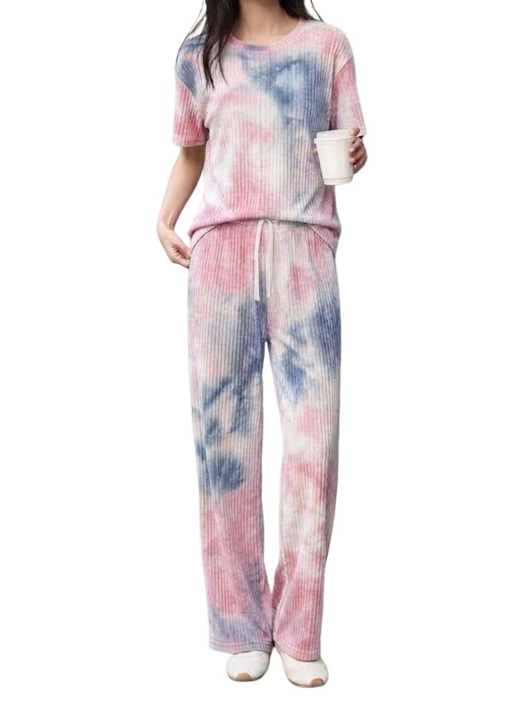 SMOWKLY Women’s Tie-Dye Pajama Set | Relaxed Fit Short Sleeve Top & Long Pants Sleepwear | Soft & Comfy Lounge Wear Set with Pockets winter wear for women | Trendy Korean Co-ord Set (1682_MLT_2XL) - Image 1