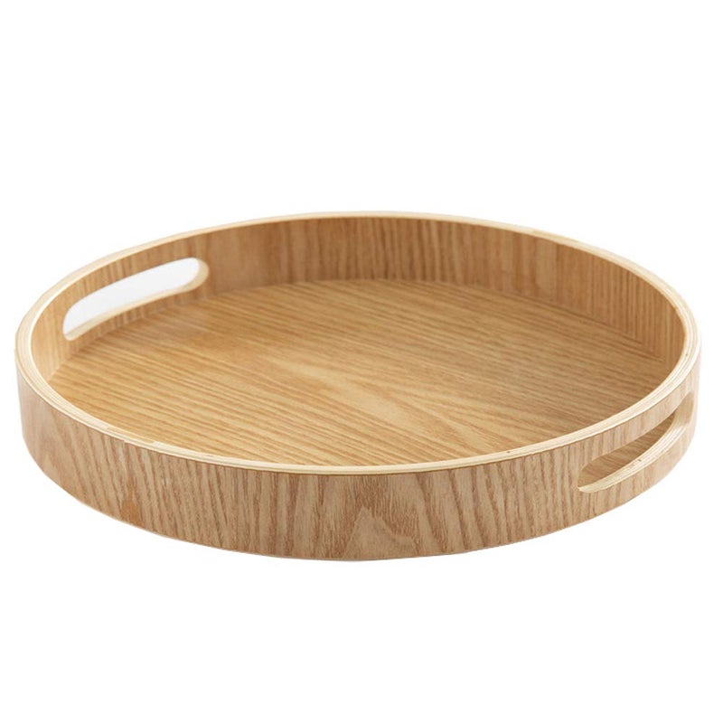 ilan MultiPurpose Large Wooden Round 2 High Wall Severing Tray Food Storage Platters Plate with Handles16 Inch Cocktail Circular Wood Tray for Breakfast Drinks Snack Coffee Table XL40cm