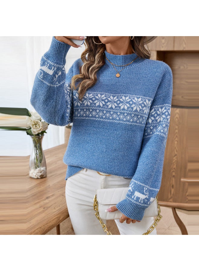 European And American Women's Clothing Autumn And Winter Half-high Collar Long-sleeved Knitwear Women's Christmas Snowflake Jacquard over Sweater For Women To Wear Outside