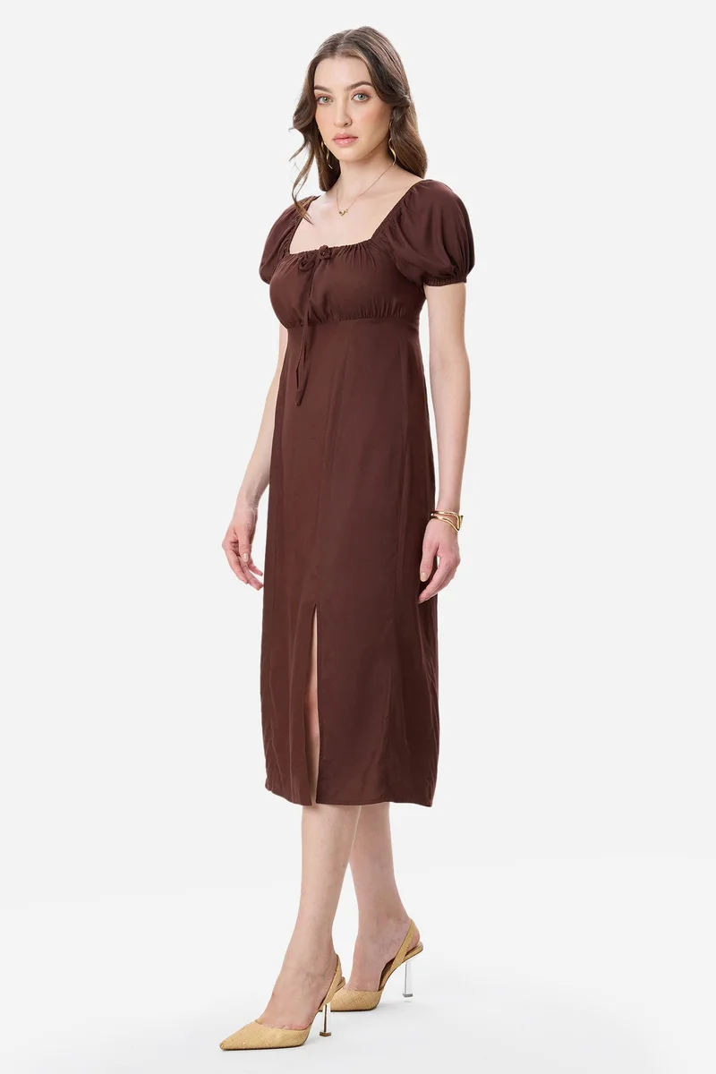 Virgio Brown Abstract Viscose Puff Sleeve Dress for Women for Women | Best Price UAE
