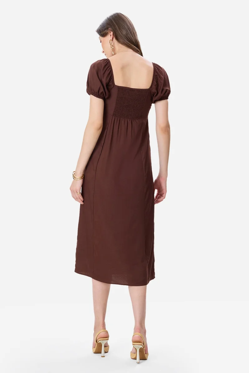 Virgio Brown Abstract Viscose Puff Sleeve Dress for Women for Women | Best Price UAE