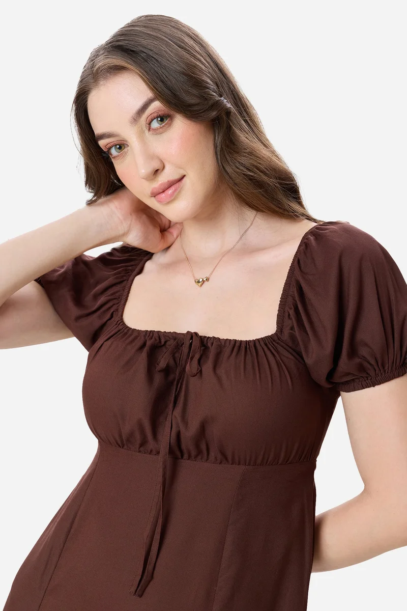 Virgio Brown Abstract Viscose Puff Sleeve Dress for Women for Women | Best Price UAE