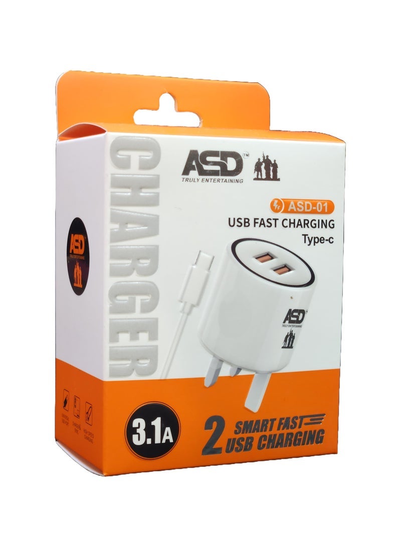 ASD Dual USB Mobile Charger with Type-C Cable for ios and Android - ASD-01 - Image 2