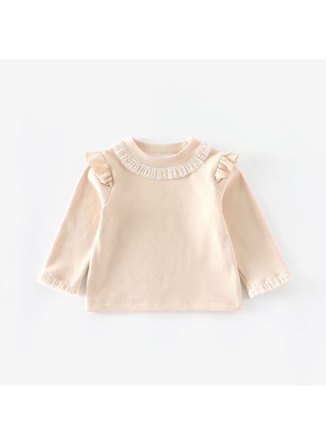 【no Returns Or Exchanges】girls Korean Style Base Layer 2026 New Spring Baby Girl Fashion Lace Trim T-shirt Trendy
