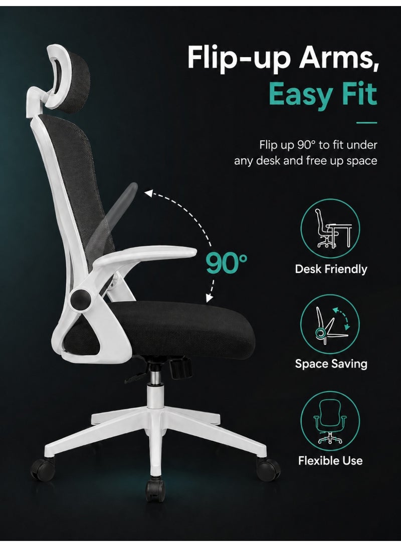 OHAHO Ergonomic Mesh Office Chair, High Back Desk Chair with Adjustable Headrest, Lumbar Support, Flip-Up Armrests, 360° Swivel Rolling Base & Height Adjustment for Home Office, Study and Gaming - Image 5