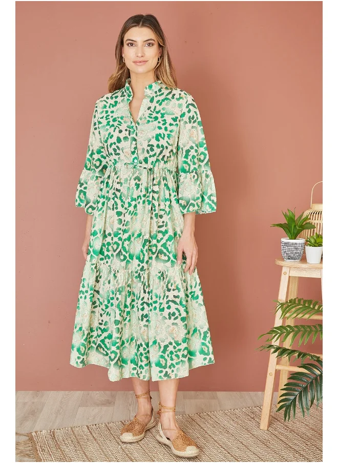 يامي Animal Print Broderie Anglaise Cotton Midi Shirt Dress