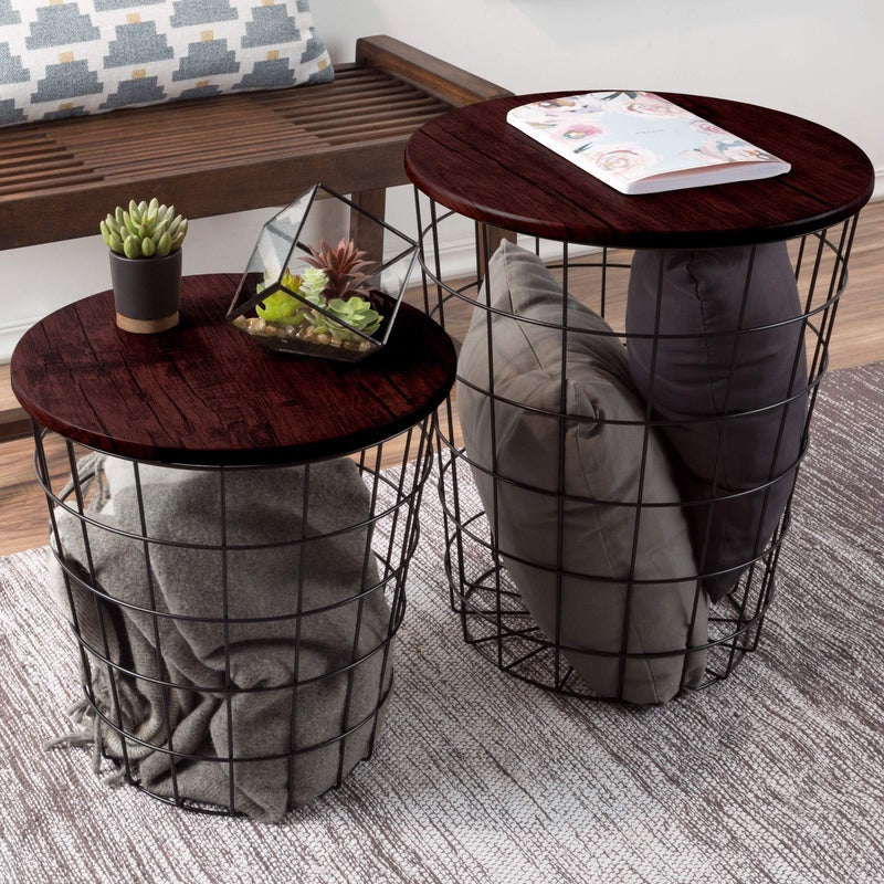 Lavish Home End Tables Set of 2  Nesting Tables with Removable Wood Tops and Metal Basket Bases for Blanket Storage  Round Side Furniture for Living Room Bedroom or Home Office by Lavish Home CherryBlack 