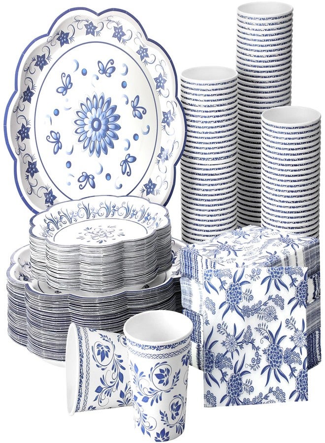 Maxcheck 490 Pcs Blue Floral Chinoiserie Paper Tableware Set 9" and 7" Floral Disposable Paper Dessert Plates Cups Napkins for Baby Bridal Shower Wedding Party Supply - Image 1