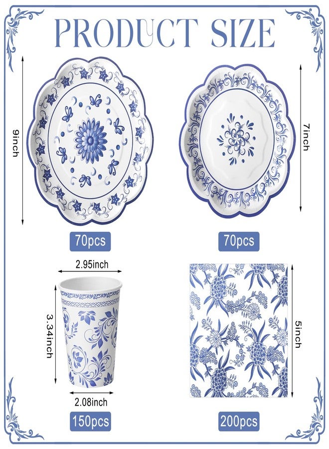 Maxcheck 490 Pcs Blue Floral Chinoiserie Paper Tableware Set 9" and 7" Floral Disposable Paper Dessert Plates Cups Napkins for Baby Bridal Shower Wedding Party Supply - Image 2