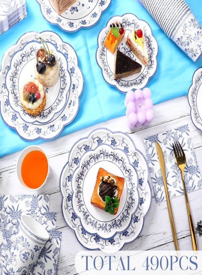 Maxcheck 490 Pcs Blue Floral Chinoiserie Paper Tableware Set 9" and 7" Floral Disposable Paper Dessert Plates Cups Napkins for Baby Bridal Shower Wedding Party Supply - Image 3