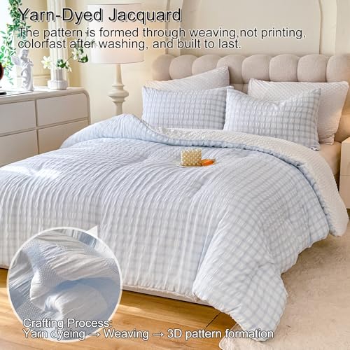 tohrisa Boho Comforter Set Full Size - 3 Pieces Lightweight Jacquard Seersucker Bedding Sets (1 Soft Fluffy Grid Comforter & & 2 Pillowcases) - All Seasons Cozy Modern Bed Set(80"x90" Light Blue) - Image 2