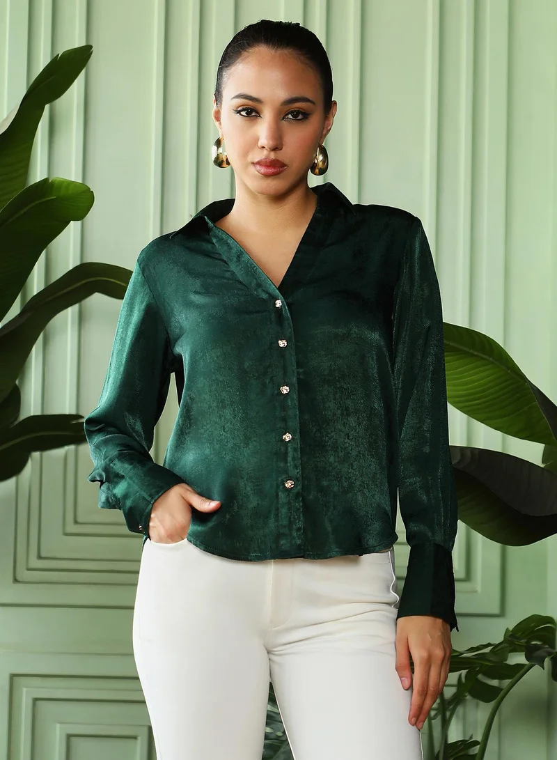 بينيا كولادا Women's Emerald Green Crushed-Satin Tailored Shirt | نساء | أكمام طويلة | سادة | كاجوال | قميص | طوق منتشر