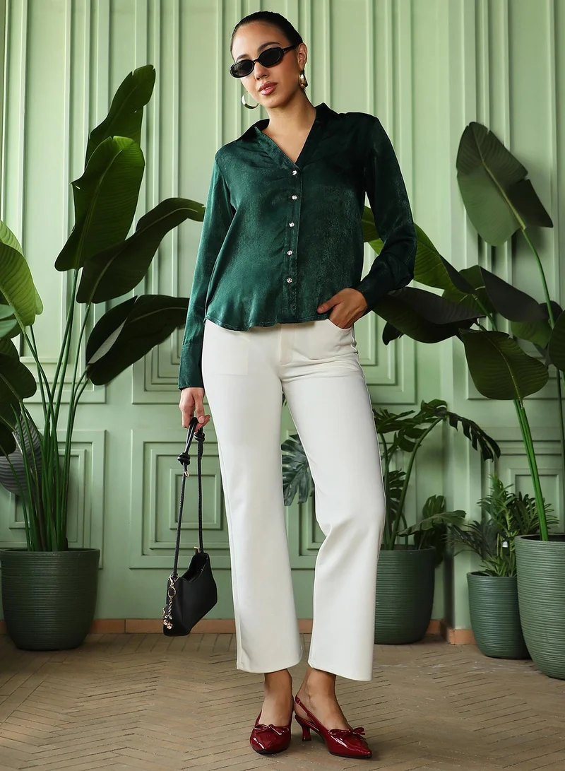 Pinacolada  Women's Emerald Green Crushed-Satin Tailored Shirt | نساء | أكمام طويلة | سادة | كاجوال | قميص | طوق منتشر for Women | Best Price UAE