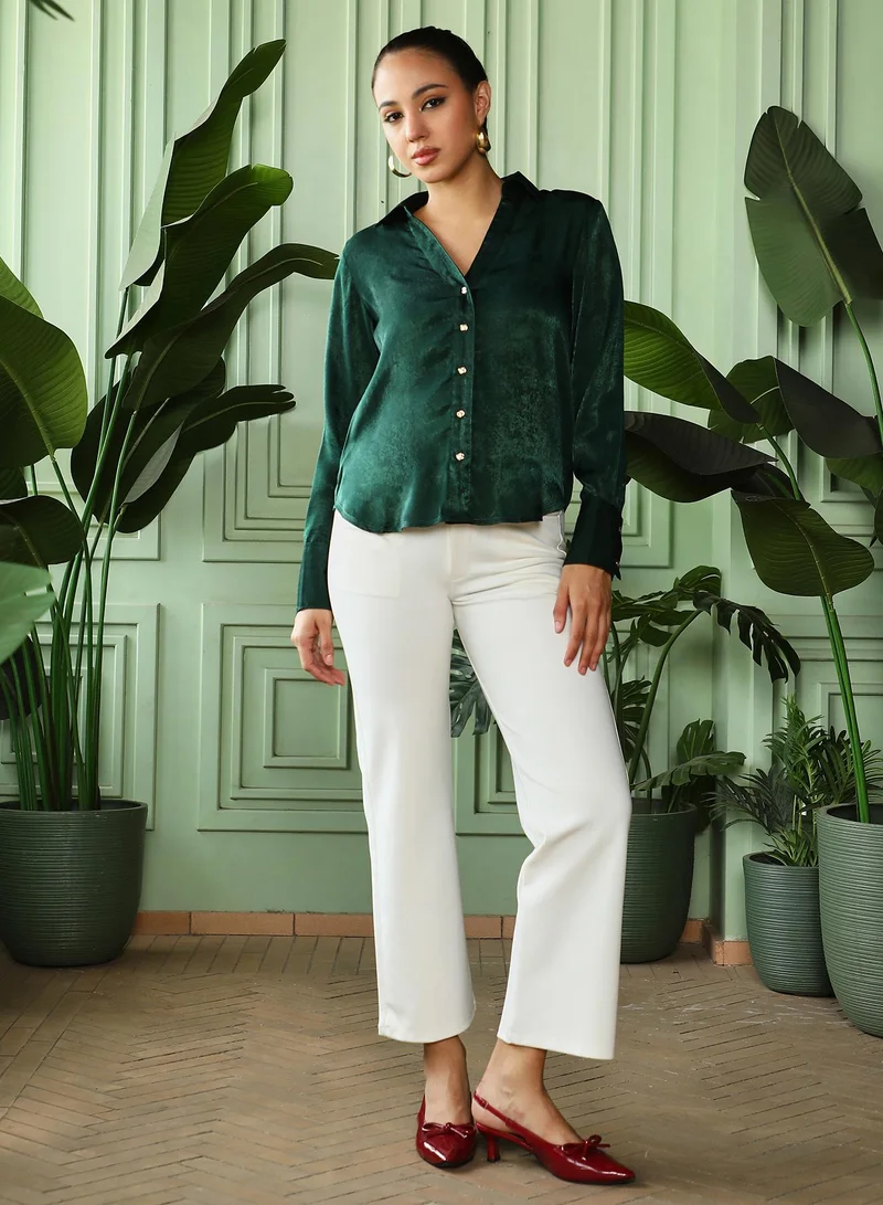 Pinacolada  Women's Emerald Green Crushed-Satin Tailored Shirt | نساء | أكمام طويلة | سادة | كاجوال | قميص | طوق منتشر for Women | Best Price UAE