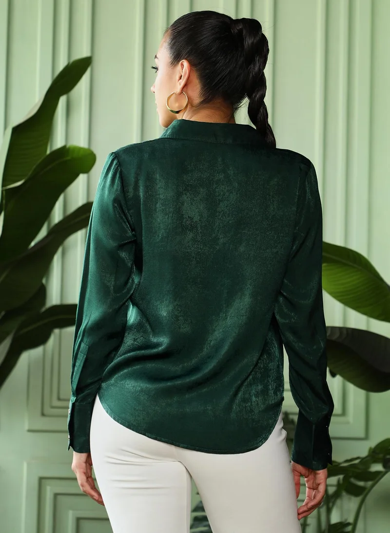 Pinacolada  Women's Emerald Green Crushed-Satin Tailored Shirt | نساء | أكمام طويلة | سادة | كاجوال | قميص | طوق منتشر for Women | Best Price UAE