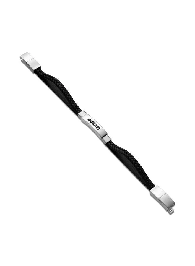 Ducati Voyage Silver Stainless Steel Black Double Layered Leather Bracelet for Men 180mm