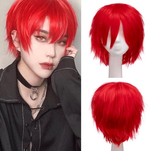 S-noilite Short Red Cosplay Wig Fluffy Straight Synthetic Hair Short Red Anime Wig Women Male Mens' Costume Wigs for Halloween Comic-cons Party - Image 1
