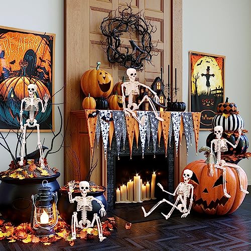 XIMISHOP 5pcs Halloween Skeleton Decoration, 16" Full Body Posable Hanging Skeleton with Movable Joints for Graveyard Haunted House Indoor Outdoor, White - Image 5