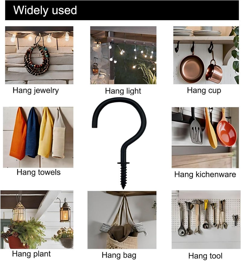 IDEALSV 2" Cup Screw Hooks Black Ceiling Hooks Mug Hook 20 Pcs Screw-in Hooks,Christmas Lights and Curtain,Kitchen,Plants Hanger Outdoor/Indoor - Image 3