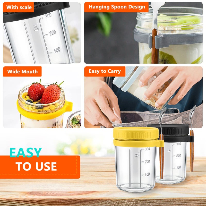CGHWBEA Overnight Oats Containers with lids and spoon Set of 2 Jars 12oz Airtight Container with Measurement Marks  Reusable On The Go Cups for Cereal Yogurt  Milk  Salads  Fruit(White) - Image 4