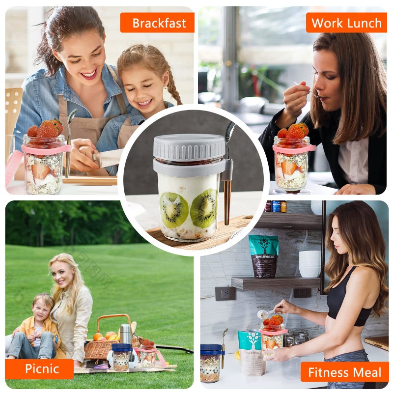 CGHWBEA Overnight Oats Containers with lids and spoon Set of 2 Jars 12oz Airtight Container with Measurement Marks  Reusable On The Go Cups for Cereal Yogurt  Milk  Salads  Fruit(White) - Image 2