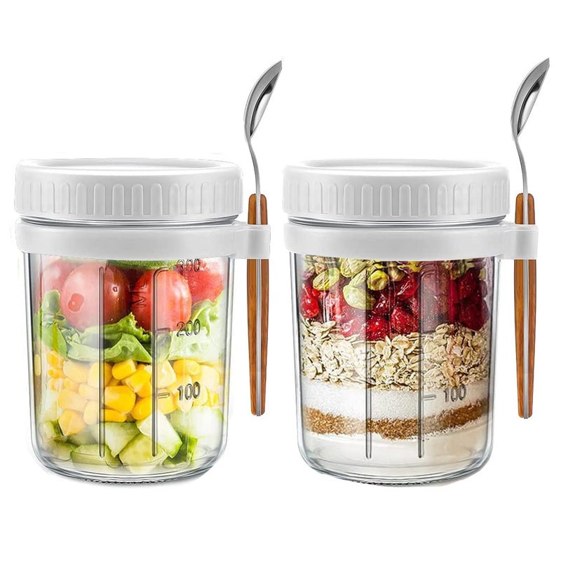 CGHWBEA Overnight Oats Containers with lids and spoon Set of 2 Jars 12oz Airtight Container with Measurement Marks  Reusable On The Go Cups for Cereal Yogurt  Milk  Salads  Fruit(White) - Image 1