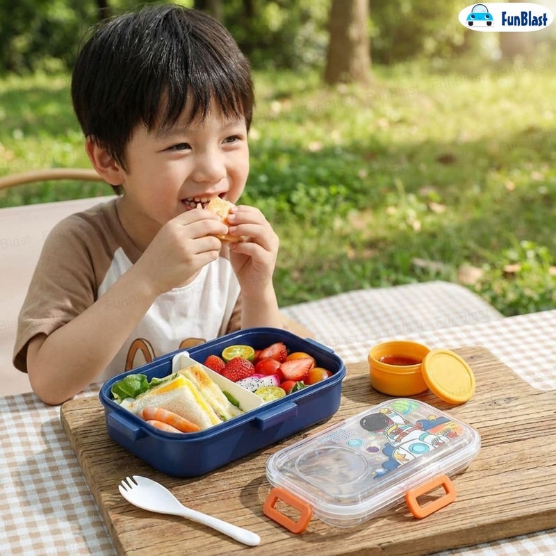 FunBlast صندوق غداء للأطفال – صندوق غداء مع ملعقة ووعاء، صناديق غداء للأطفال في المدرسة، صندوق تيفين محكم الإغلاق، صندوق تيفين بلاستيكي مع 2 قسم، صناديق غداء بنتو (فضاء) - Image 4