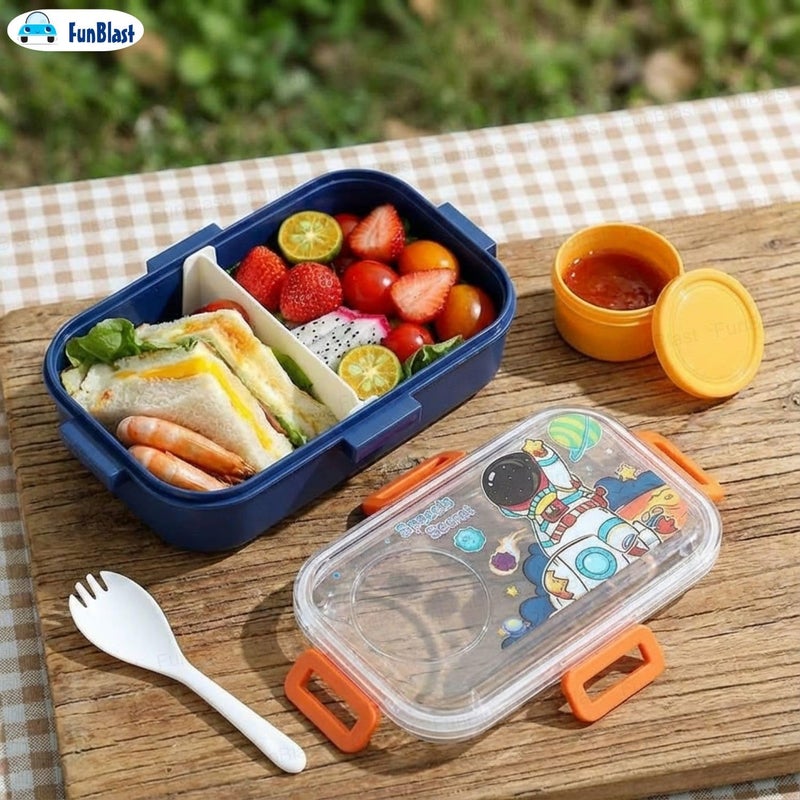 FunBlast صندوق غداء للأطفال – صندوق غداء مع ملعقة ووعاء، صناديق غداء للأطفال في المدرسة، صندوق تيفين محكم الإغلاق، صندوق تيفين بلاستيكي مع 2 قسم، صناديق غداء بنتو (فضاء) - Image 2